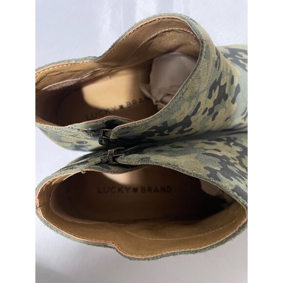 Lucky Brand Green Camo Suede Ankle Boots With Stacked Heel & Side Zipper - Picture 7 of 9